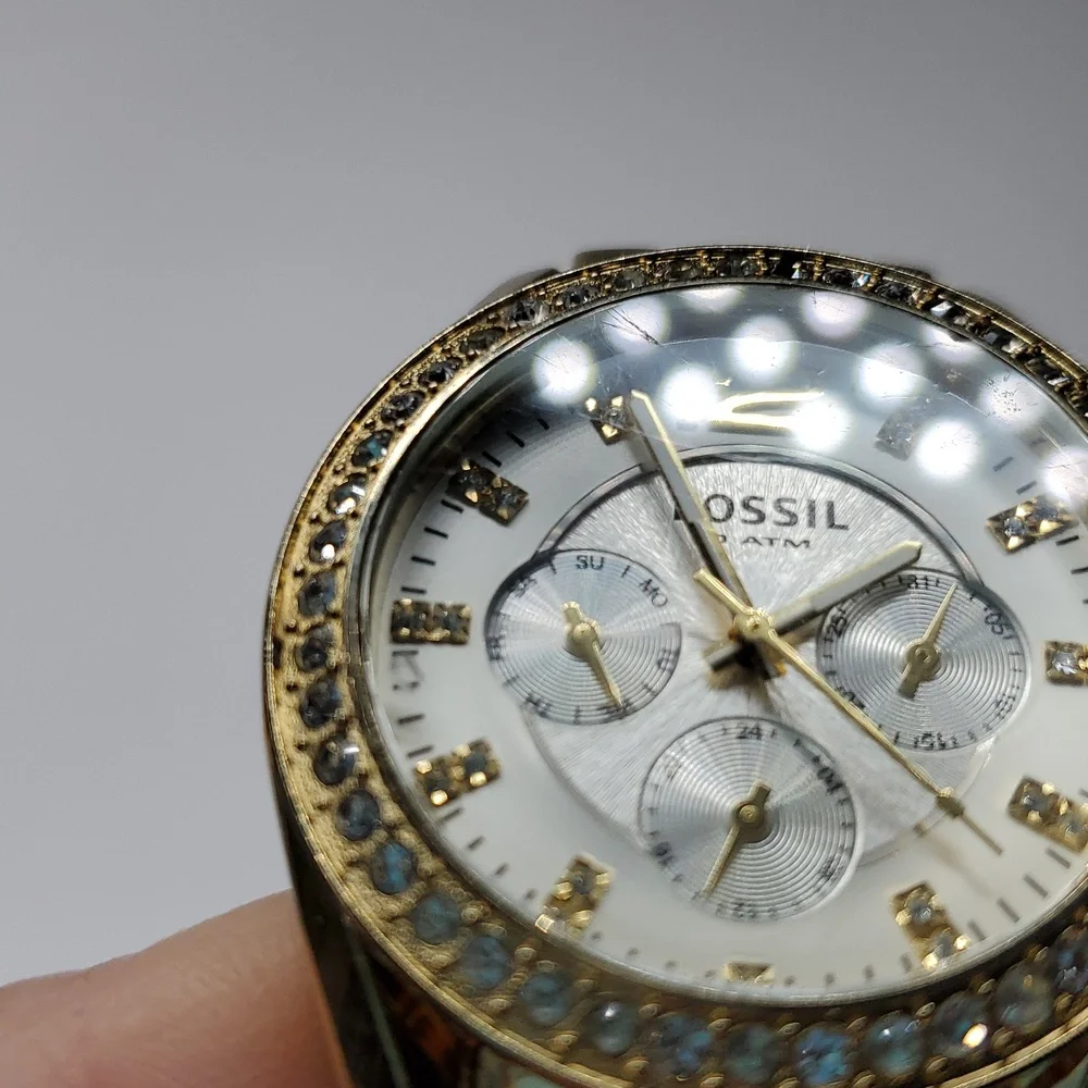 Fossil Watch ES2421 Gold Steel  Wristband Crystal Bezel White Face Multi